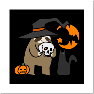 Witch Sloth Holding a Skull Posters and Art